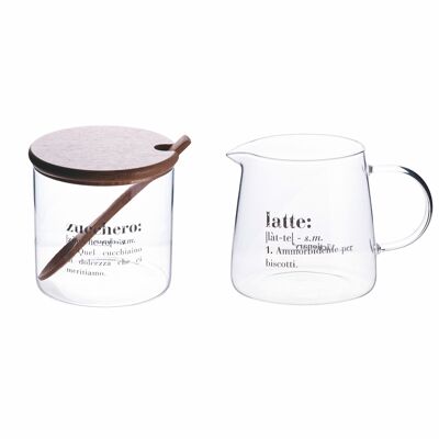Juego de jarra de leche y azucarero de 320 ml de cristal, tapa y cuchara de bambú, transparente, Victionary
