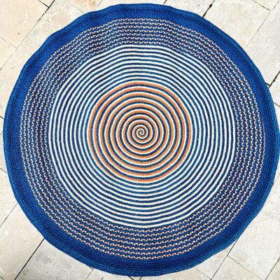 Navy blue, natural and orange raffia rug - 200 cm