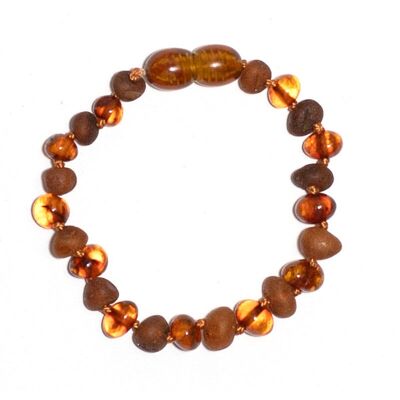 Pulsera de ámbar para bebé/niño - Cuentas redondas - Pulida/en bruto - 14 cm - Coñac