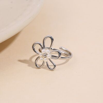 Bague argentée fleur fine avec perle