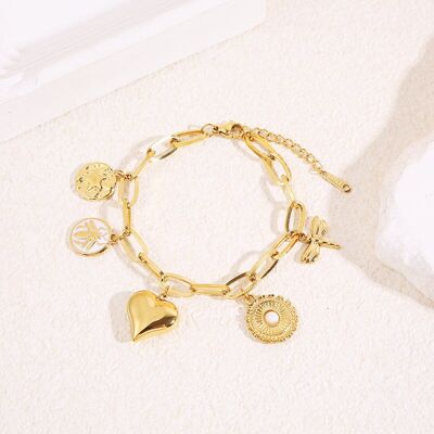Pulsera de eslabones con dije de corazón y libélula