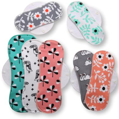 Assorbenti mestruali in tessuto riutilizzabili, confezione da 7, tutte le taglie (S, M, L, XL) - ali bianche