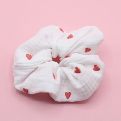 Chouchou cheveux tissu double gaze broderie coeurs