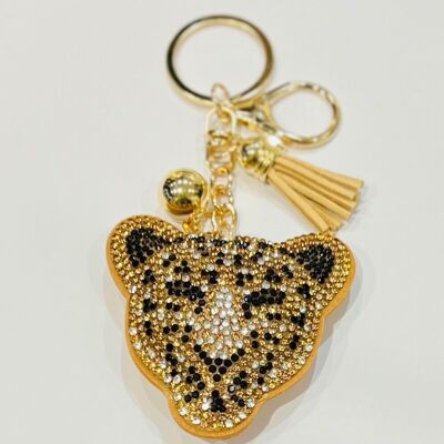 Leopard rhinestone pompom key ring accessory