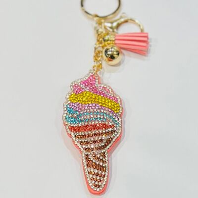 Accessoire porte cles glace rose strass pompon clair
