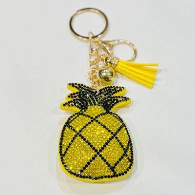Pineapple key ring accessory with yellow and black rhinestones and pompom