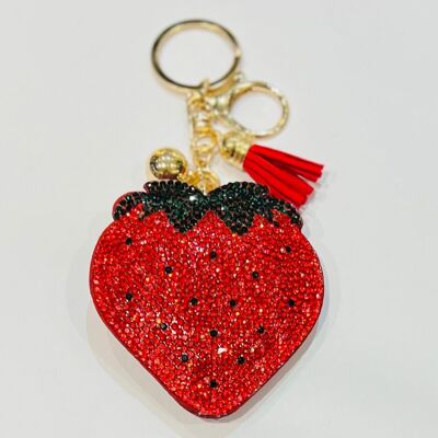 Portachiavi a forma di sacchetto di fragole rosse con strass verdi e pompon