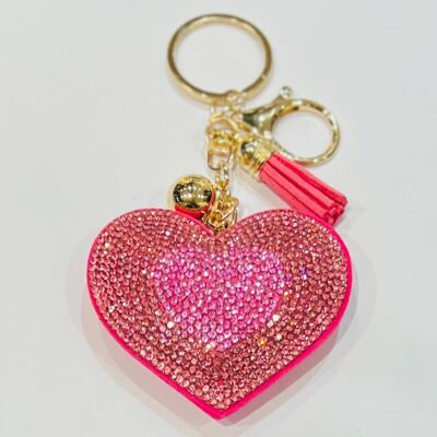 Accesorio de llavero con forma de corazón de diamantes de imitación rosas y pompón rosa