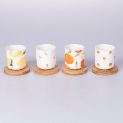 Set of 4 porcelain coffee cups 110 ml with bamboo saucer, Fruit Life