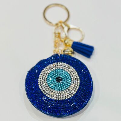 Accesorio para llavero con diamantes de imitación en forma de ojo griego y pompón decorativo