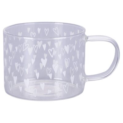 Taza 380 ml en vidrio borosilicato, decoración corazón, Vidrio