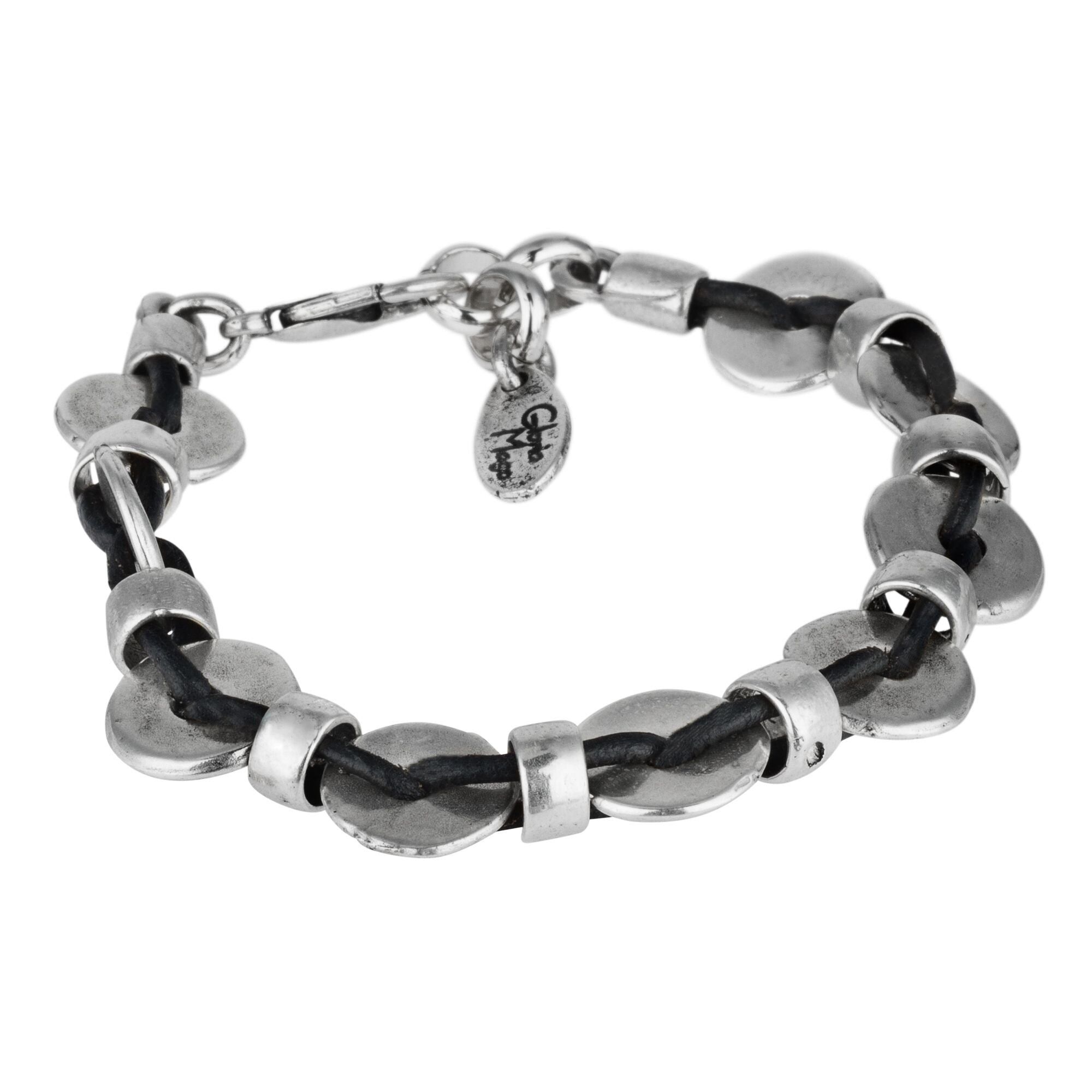 Armband aus Leder und Silber. Gliederarmband aus Zamak und schwarzem Leder