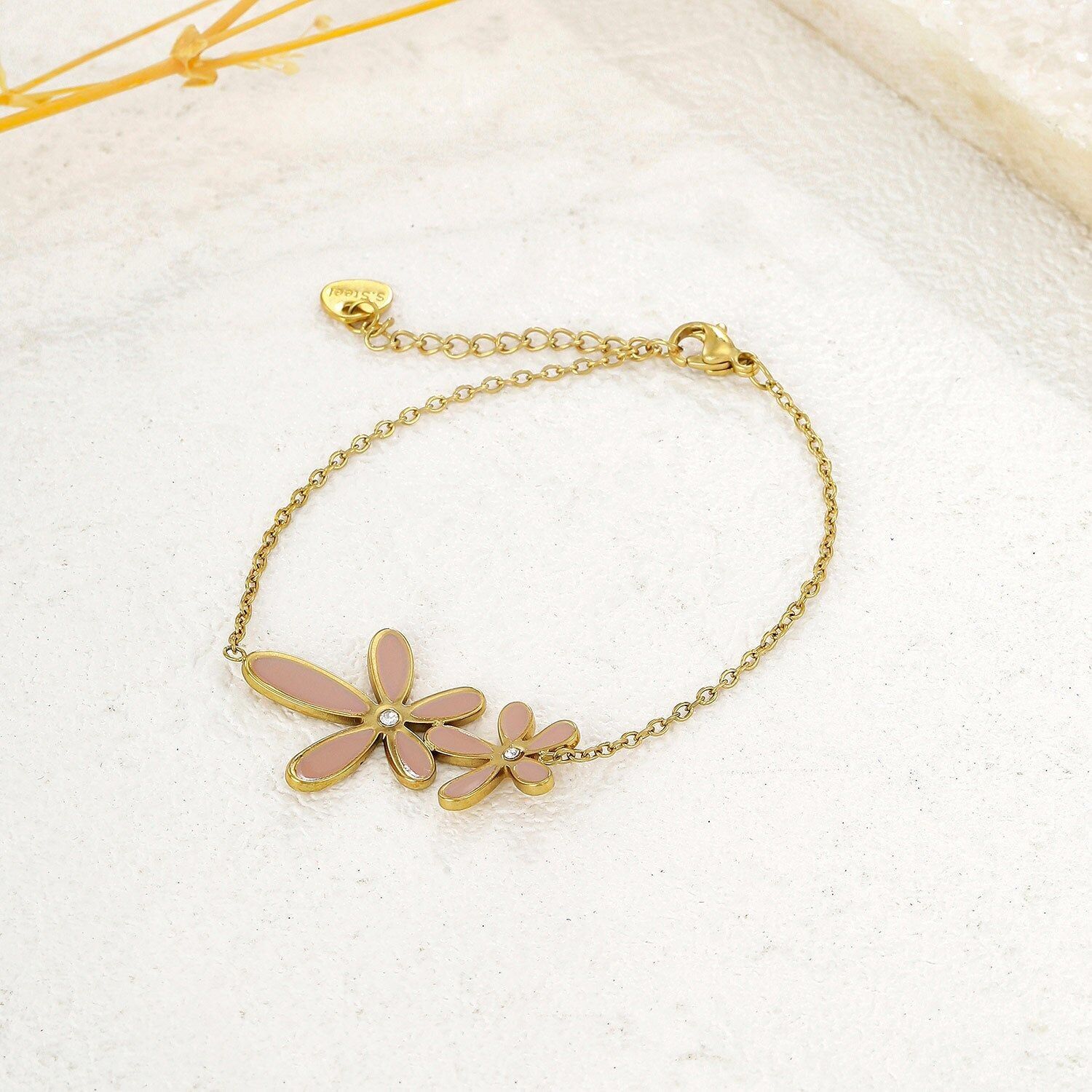 Bracciale a catena in oro fino con doppio fiore rosa