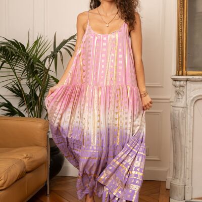 Long dress with gold print and thin straps, flared cut