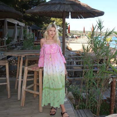 Long dress with gold print, thin straps and off-the-shoulder