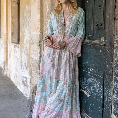 Long dress embroidered with rhinestones, two-tone