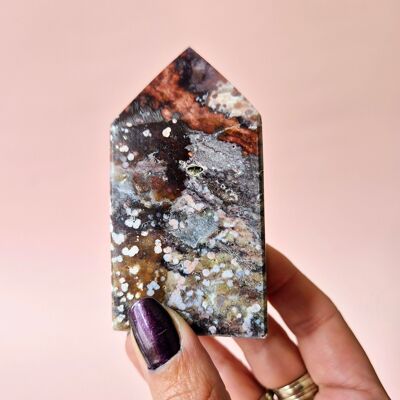 Gemstone Ocean Jasper Tower #1 – Pink, Red & Purple Dotted | Unique Piece