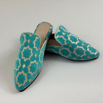 Wholesale Moroccan Babouche - Turquoise Gold Pattern Mules