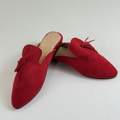 Chaussons marocains en daim en gros - Mules à pampilles rouges