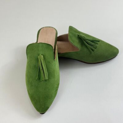 Babouche marocchine in pelle scamosciata all'ingrosso - Mules con nappe verdi