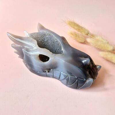 Gemstone Druzy Gray Druzy Agate Dragon Skull – 543g | Protection, Intuition Dragon Skull