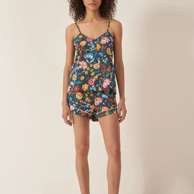 Completo corto in cotone biologico con canotta da donna con fiori su blu navy