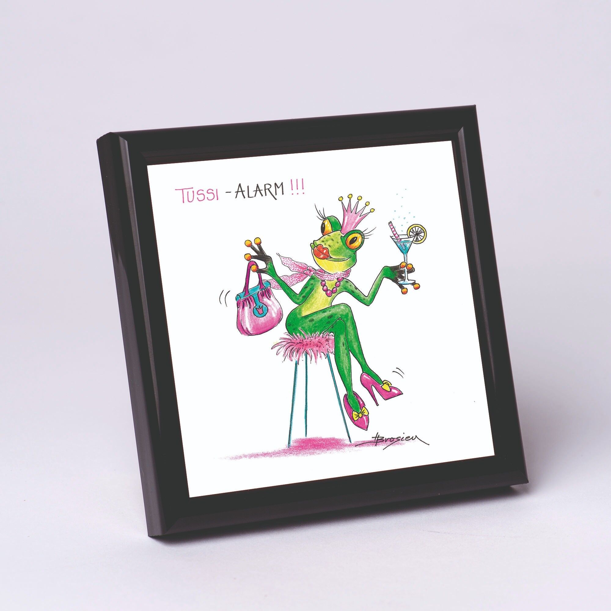 Kunstdruck 10x10cm schwarz gerahmt  - Tussi-Alarm - Moderner Frosch - MF/015-0-101254
