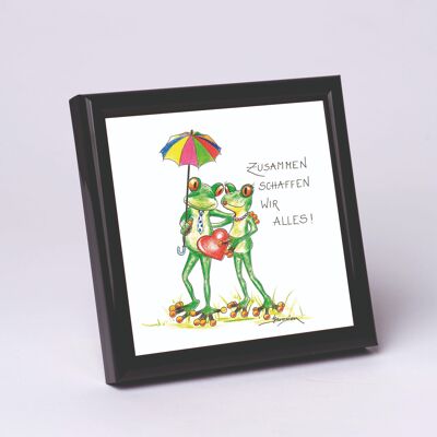 Kunstdruck 10x10cm schwarz gerahmt  - Zusammen schaffen wir… - Moderner Frosch - MF/002-0-101335