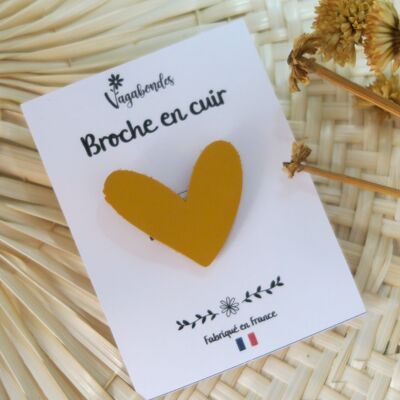 Broche fantaisie en cuir et paillettes - Cœur jaune