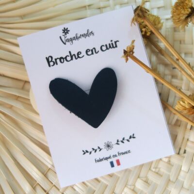 Broche fantaisie en cuir et paillettes - Coeur Marine