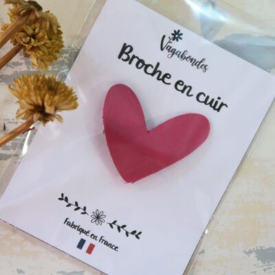 Broche fantaisie en cuir et paillettes - Cœur Rose