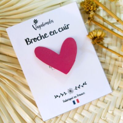 Broche fantaisie en cuir et paillettes - Cœur Rose