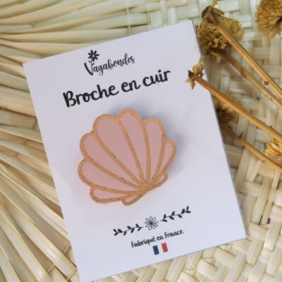 Broche de cuero y lentejuelas de fantasía - Concha rosa pálido