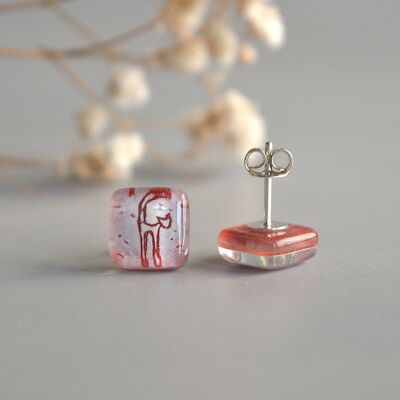 Boucles d'oreilles petit chat, argent sterling 925 et verre recyclé, peintes à la main