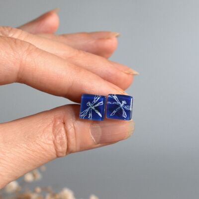 Pendientes de libélula en azul cobalto, Cristal y plata de ley 925, Pintados a mano