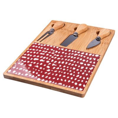 Set of 3 ceramic and bamboo cheese knives and cutting board 21.5x30.5 cm, Ginza RED