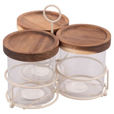 Set 3 barattoli 390 ml in vetro borosilicato, coperchio in legno di acacia e stand in ferro sabbia, 4 Toni
