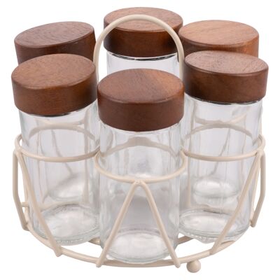 Set of 6 90 ml glass jars, acacia wood lid and sand iron stand, 4 Tones