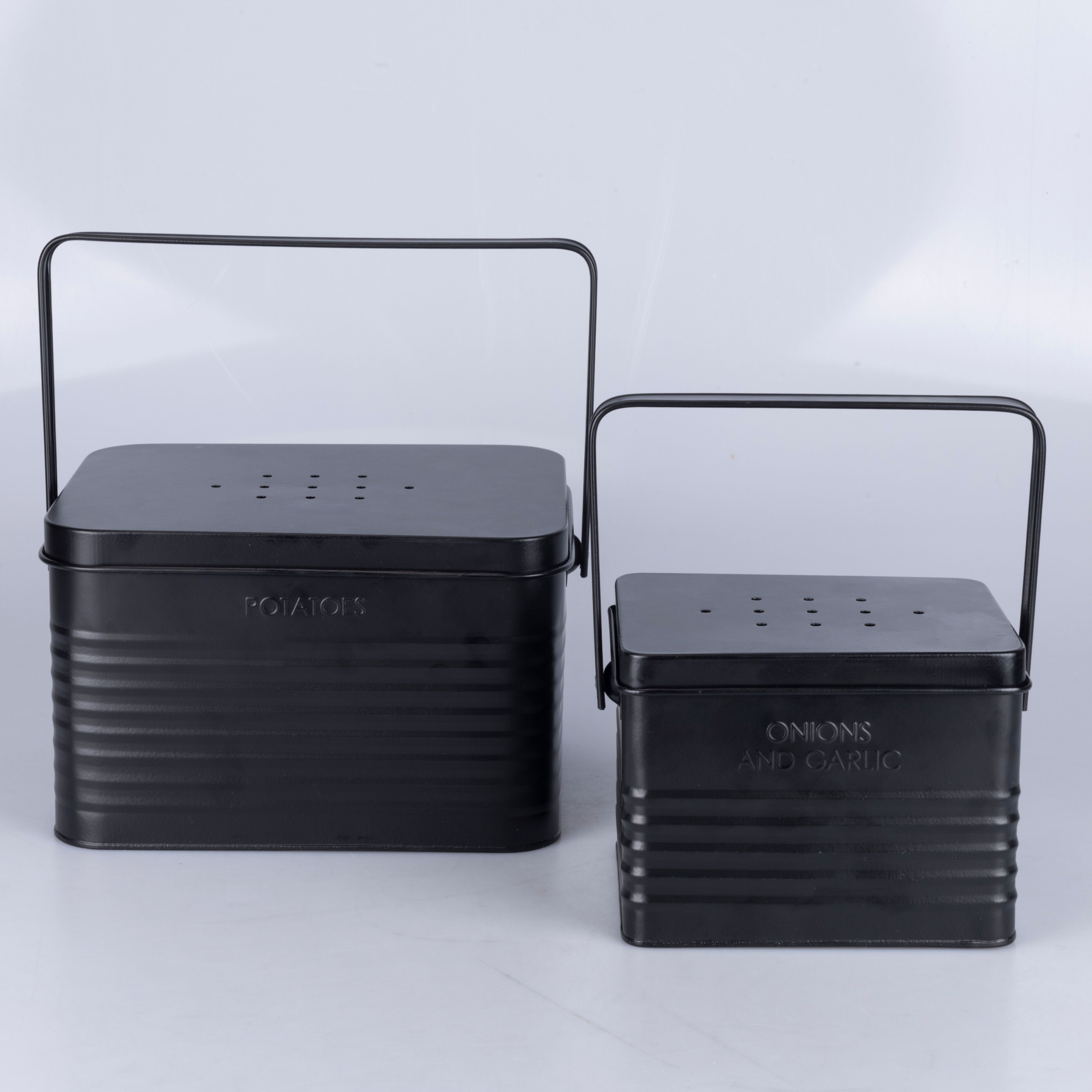 Set 2 contenitori patate, cipolle e aglio in acciaio galvanizzato con manico, Vintage nero