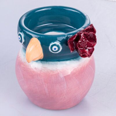 Candelabro y vela de té en forma de loro de porcelana, pintado a mano, Tuca Tuca ROSA/AZULADO
