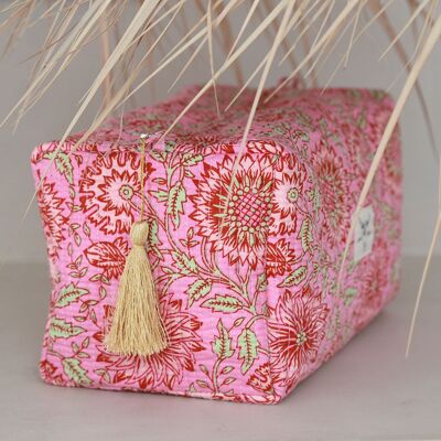 Borsa da toilette Blockprint Fez fiore rosa L