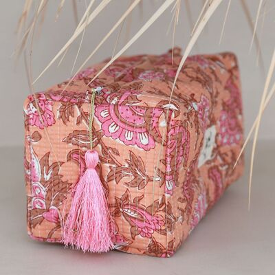 Borsa da toilette Blockprint Fez fiore corallo M
