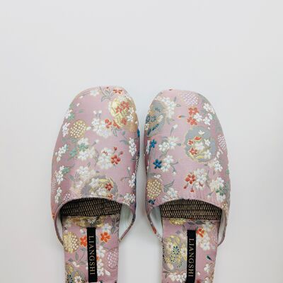 Chaussons d'été brodés pour femme – Semelle en lin et bambou, chaussons antidérapants et silencieux – Rose