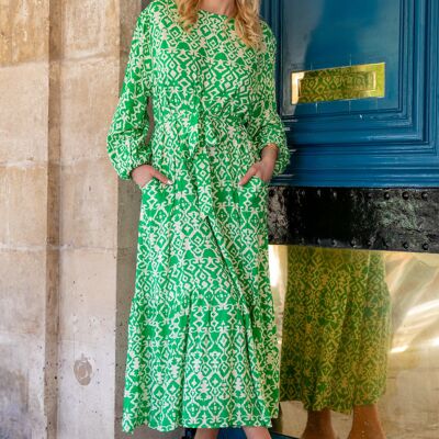 Robe longue ceinturée à imprimé ehnique , col rond avec poches invisibles
