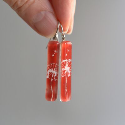Orecchini a forma di dente di leone, lunghi, rossi, in vetro e argento sterling 925