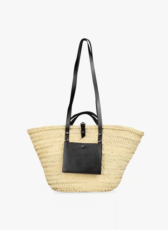 Handgewebter Doum-Palmkorb – Marokkanische Tragetasche aus schwarzem Leder (26×40×14 cm)