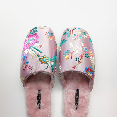 Oriental Embroidered Silk Slippers – Faux Fur Indoor Shoes for Women - Pink