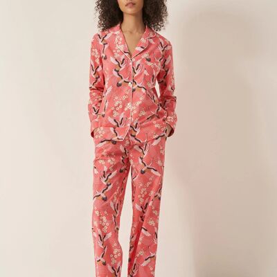 Japanese Crane on Coral Women's Long Sleeve Organic Cotton Pyjama Trouser Set