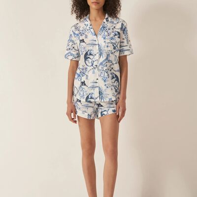 Chinoiserie Whimsy Damen-Pyjama-Set aus Bio-Baumwolle mit kurzen Ärmeln