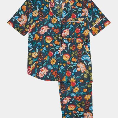Florals on Navy Damen-Pyjama-Hosenset aus Bio-Baumwolle mit kurzen Ärmeln
